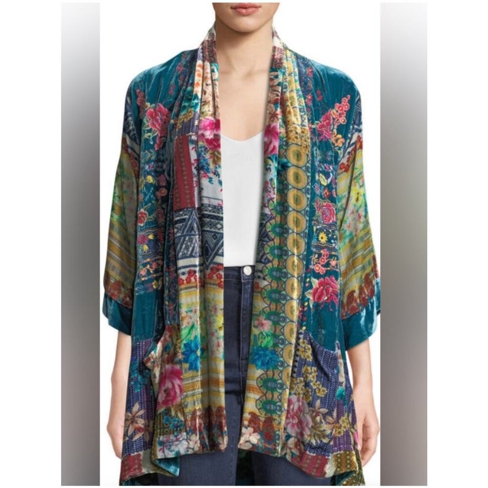 Johnny Was Biza Embroidered Kimono Velvet Silk Floral Design Small